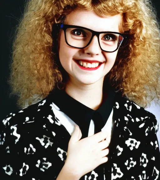 Prompt: 1 9 8 0 s highschool girl with big blonde hair, smart glasses, a black and white patterned shirt and magenta details, school photo