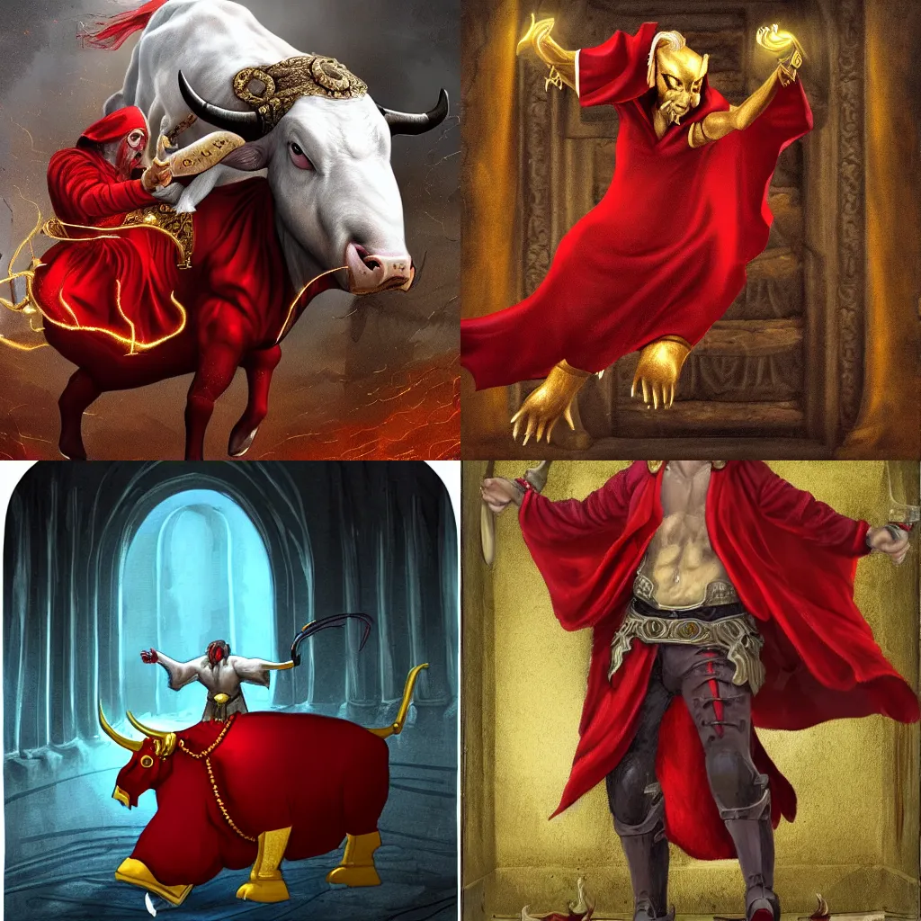 Prompt: sorcerer dressed in red ridding a white bull inside a crypt full of gold, Tyler Jacobson style