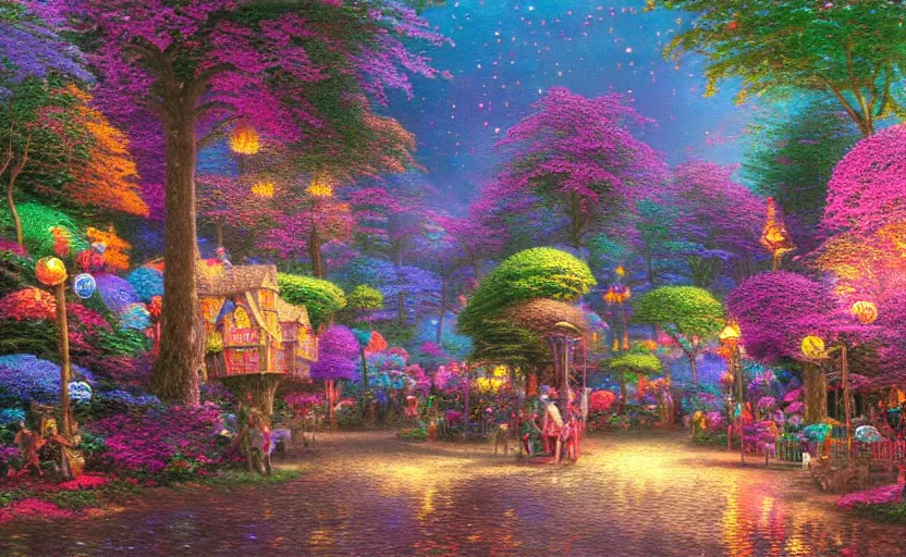 Prompt: psychedelic candy forest by thomas kinkade, matte painting, intricate details, fine brush