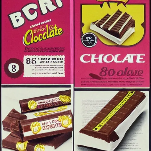 Prompt: chocolate candy bar packaging, 8 0 s style, very appealing, marketing photo