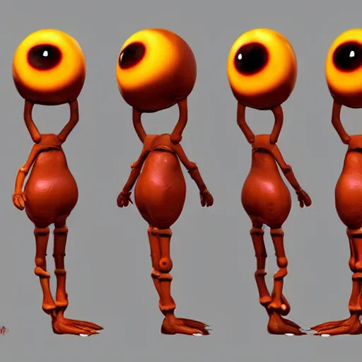 Prompt: a humanoid hamburger character with giant eyeballs and french fry arms legs, concept art painting character design, featured on artstation unreal engine 5, 3 point lighting