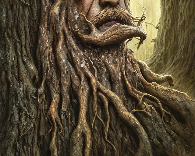 Image similar to a talking tree, a face in the bark, nose made of wood, eyes in the bark, fantasy concept art, big moustache, digital painting, oil painting, hyperrealistic, beautiful, treebeard, ent, magical, highly detailed, soft lighting, golden sunlight, very detailed eyes, artstation, cgsociety, in the forest, by alan lee, by artgerm