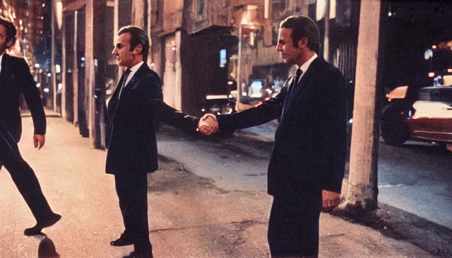 Prompt: 70s movie still of Nicolas Sarkozy and Emmanuel Macron shaking hands , cinestill 800t 18mm heavy grain, cinematic, dramatic dark lighning, brooklyn at night neon boards