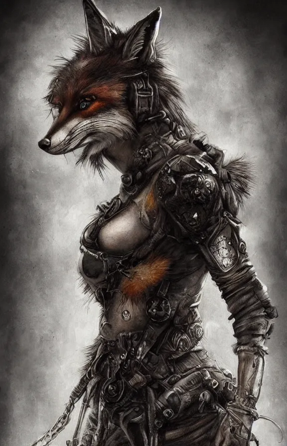 Image similar to realistic detailed portrait of fox warrior, post apocalyptic, gritty, art nouveau, victorian, neo - gothic, gothic, character concept design