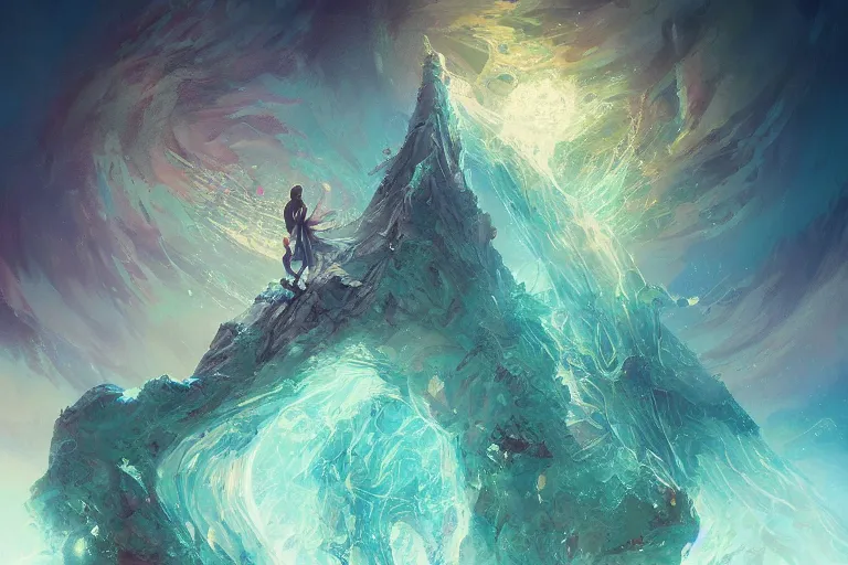 Image similar to Ocean cut humanoid skinny gnarled triangle pyramid levitation roots radiant gas bridge destroyed bottle eyes bright point castle sky planet fractal hair impact, inspired by Peter Mohrbacher, radiant colors, trending on artstation, volumetric lighting, intricate, ornate, CGsociety