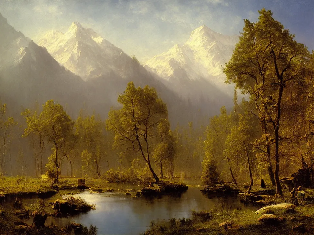 Image similar to a beautiful landscape painting by alfred bierstadt, trending on arstation