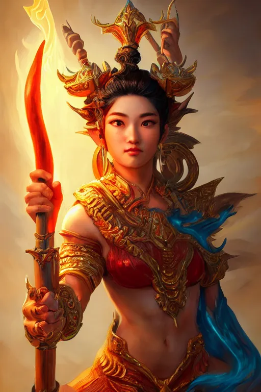 Image similar to a masterpiece portrait of nezha, legendary god holding spear, flame everywhere, epic pose, fantasy character portrait, closeup shot, hyper detailed, digital painting, 8 k realistic, trending on artstation, sharp focus, dof, by fenghua zhong, artgerm, ne zha from smite, jeff easley, raymond swanland