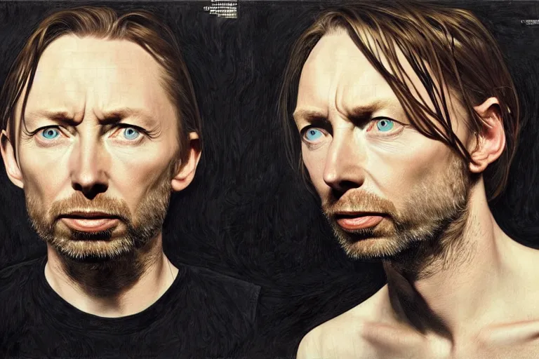 Image similar to hyper realistic portrait of thom yorke mixed with tilda swildon, bigger forehead, bigger chin, from the side, by lee bermejo, alphonse mucha and greg rutkowski