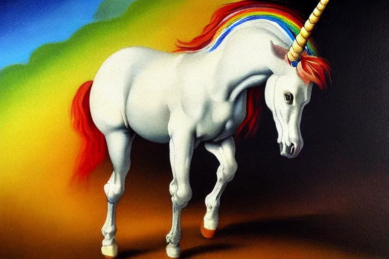 Image similar to detailed traditional painting of a unicorn walking on a rainbow, ((rainbow)) by Caravaggio, authentic, masterpiece, brush strokes, trending on artstation