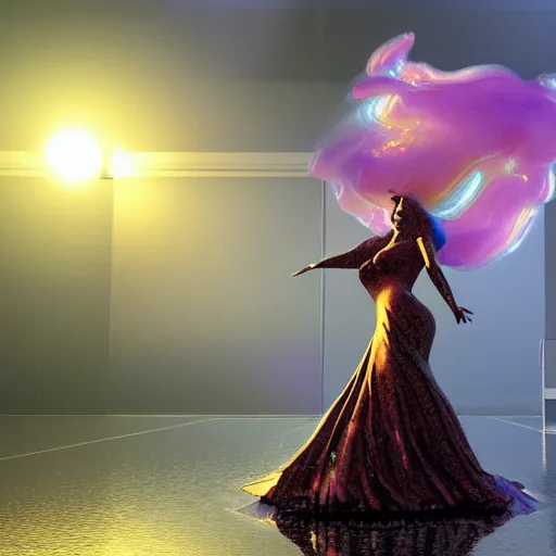 Prompt: a 1 9 7 0's arthouse film octane render by geoff johns and joe jusko and thomas kinkade, a woman wrapped in a cloud of colorful smoke, walking across a reflective pool of silver liquid at sunset, cinema 4 d, 4 k, volumetric lighting, ray traced lighting, unreal engine 5 render, ultra - detailed, photorealistic