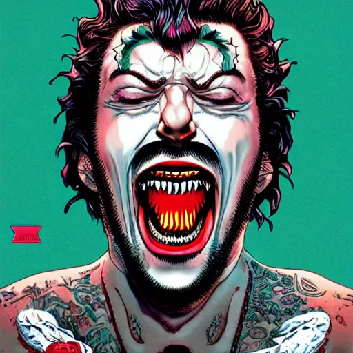 Image similar to portrait of crazy screaming post malone with red eyes like hal 9 0 0 0, as vampire, symmetrical, by yoichi hatakenaka, masamune shirow, josan gonzales and dan mumford, ayami kojima, takato yamamoto, barclay shaw, karol bak, yukito kishiro