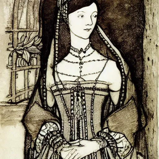 Prompt: Anne Boleyn is a bird, avian, illustration in the style of Arthur Rackham