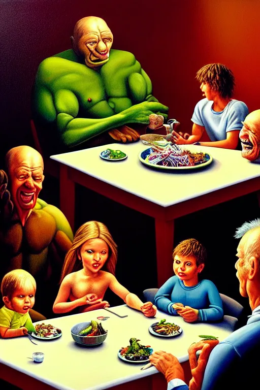 Image similar to a hyperrealistic painting of a chimeric creature sitting down at dinner table with happy suburban family on a sunday night while dad reads a newspaper, by chris cunningham and richard corben, highly detailed, vivid color,