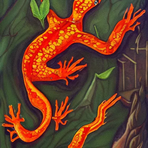 Prompt: fiery salamander alchemical painting