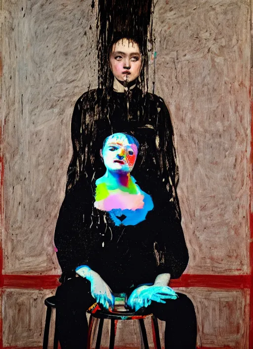 Prompt: portrait of a 1 5 year old girl cabaret actress sitting on a stool, by vincent lefevre and hernan bas and pat steir and hilma af klint, psychological, photorealistic, symmetrical face, dripping paint, washy brush, threads, rendered in octane, altermodern, masterpiece