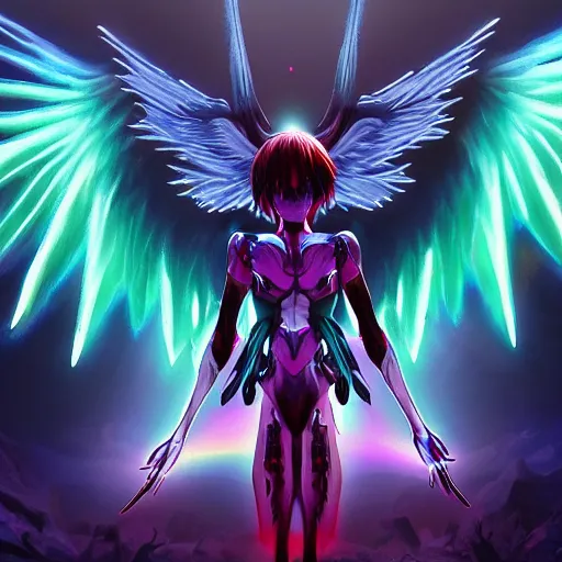 Prompt: evangelion biblical angel invaders with neon wings in a dim dark forest colorful 4 k path traced high definition detailed artstation realistic trending dramatic lighting dark and light contrast gothic pastel