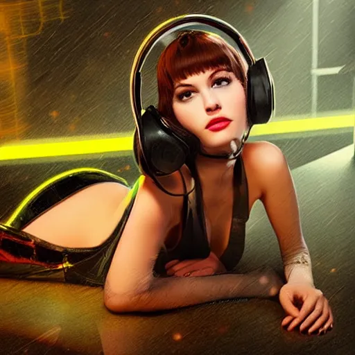 Prompt: beautiful cybergirl with the headset in the metallic costume sitting on the floor near a white cat in the neon room, blade runner movie, digital art, highly detailed