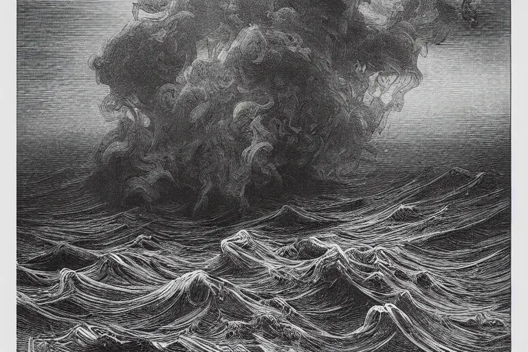 Prompt: black and white, close-up portrait of flowers drowning in the storm ocean, Gustave Dore lithography