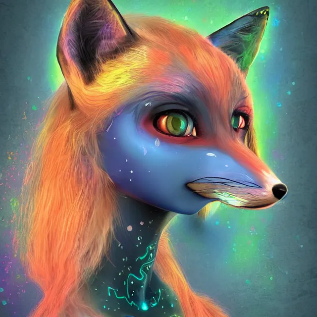 Prompt: a character portrait of the avatar for an female humanoid fox raver a. i. in the style of glitch art in the style of surreal art trending on artstation deviantart pinterest furaffinity photorealistic hd 8 k highlights and shadow detailed high resolution