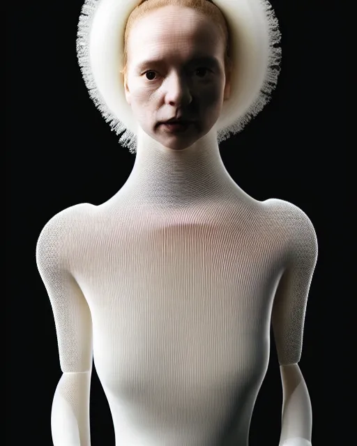 Image similar to portrait of a woman wearing a white embroidered translucent silicone mask and white black frizzy hair buns, wearing a black bodysuit by alexander mcqueen, cream white background, soft diffused light, biotechnology, humanoide robot, bjork aesthetic, translucent, by rineke dijkstra, intricate details, highly detailed, masterpiece,