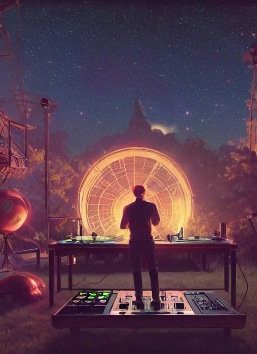 Image similar to A wide shot of a man djing at night under the stars, beautiful, digital art, artstation, hyperrealistic, 8k, unreal engine, octane render, trending on artstation, art by Artgerm and Greg Rutkowski and Alphonse Mucha