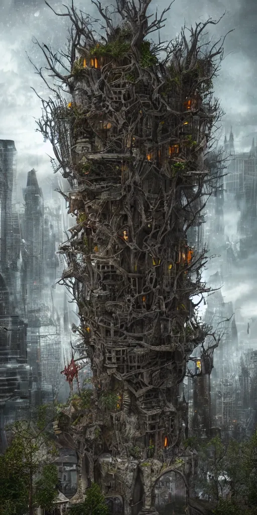 Image similar to ultra realistic and intricate detailed giant villain tech treehouse on the middle of the city, evil, devil, bloody, night, high technology, innovation, Dark evil style, artstation, unreal render, depth of field, ambient lighting, award winning, stunning