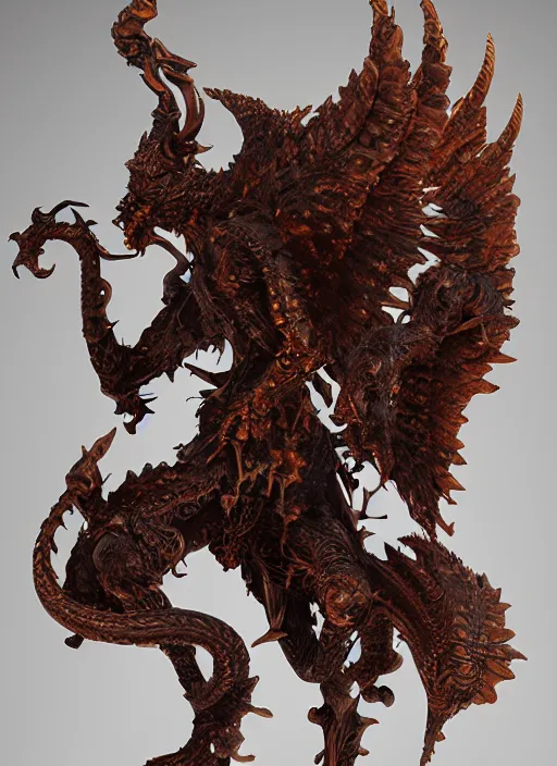 Image similar to high intricate sculpture of a baroque hellfire demon made of porclain, studio light, maria panfilova, andrea savchenko, mike kime, ludovic plouffe, qi sheng luo, oliver cook, trending on artstation