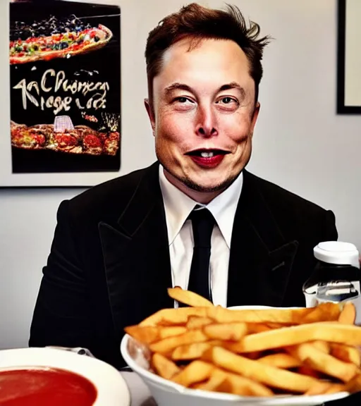 Prompt: an award winning photo of elon musk eating!! crayons!!!!!!, crayons!!!!! as ( ( french ) ) ( ( fries ) ), gourmet restaurant, 4 k, high quality