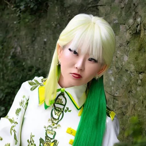 Prompt: long white hair in ponytail, tall, green and gold clothed, flower, genshin impact style