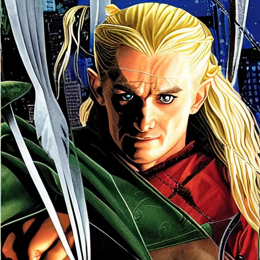 Prompt: comic book cover for'legolas vs a kitten ', art by alex ross