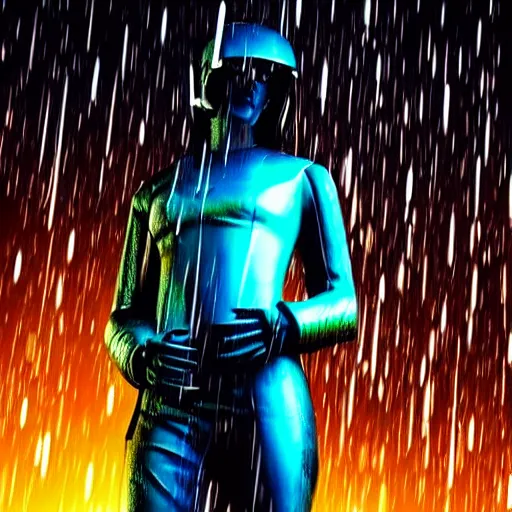 Image similar to cyberpunk statue, rain, space, galaxy