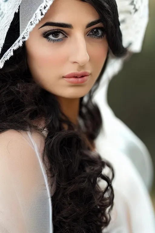 Image similar to Ameera al-Taweel, blue eyes, long wavy black hair, white veil, closeup, focus face