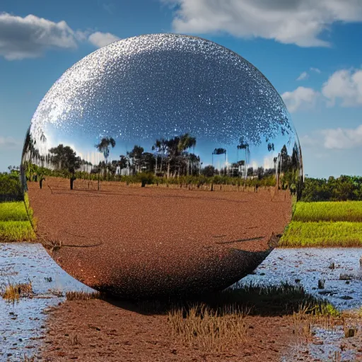 Image similar to a large metallic ball with a mirror finish site in the florida everglades covered in mud, photorealistic