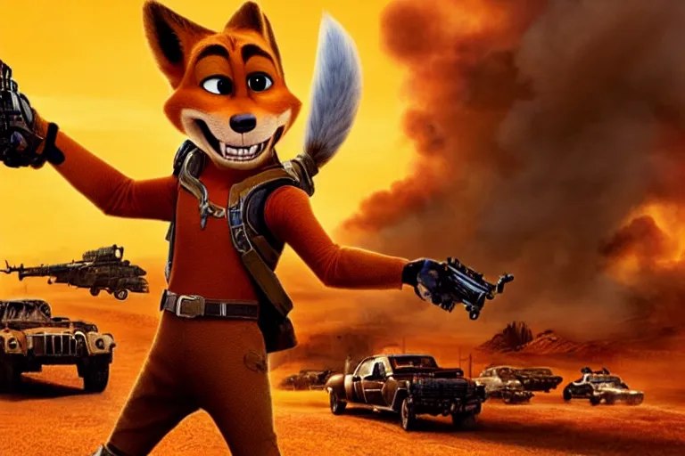 Prompt: nick wilde, heavily armed and armored facing down armageddon in a dark and gritty reboot from the makers of mad max : fury road :