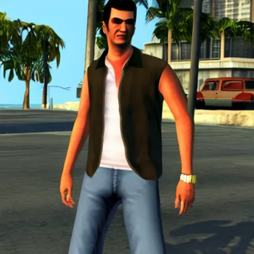 Prompt: game still of tommy vercetti in gta vice city ps2 version