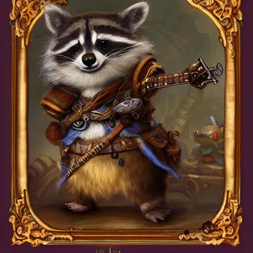 Image similar to a whimsical raccoon wearing bard clothing by Justin Gerard, concept art, highly detailed