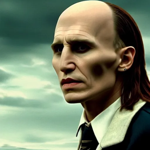 Image similar to Film Still of a Younger Adult Johnny Depp playing Young Adult Voldemort in Harry Potter, Film Still, realistic, hyperrealistic, very realistic, very very realistic, highly detailed, very detailed, extremely detailed, detailed, detailed face, very detailed face, very detailed face, realism, HD Quality, 8k resolution, intricate details, body and head in frame, Real Life