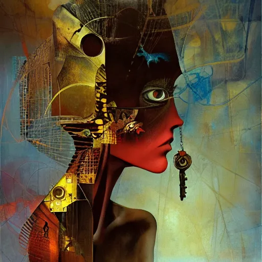 Image similar to she dreams a past she hasn't lived, she holds the key to the gate to reality outside this virtual world, oil on canvas by dave mckean and yoshitaka amano