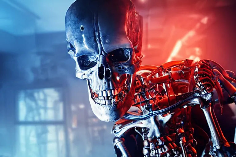 Image similar to terminator skeleton, computers on background. high detail, low saturated red and blue light, cinematic colors