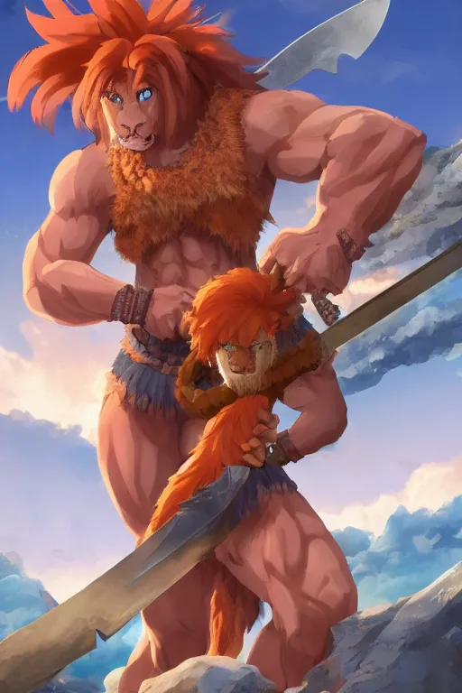 Image similar to muscular lion barbarian wearing a holding a sword, fursona, anthro, male, anime key visual, detailed orange fur, loincloth, makoto shinkai, portrait