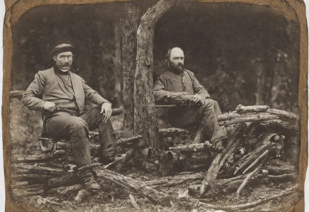 Image similar to late 1 8 0 0 s daugerrotype photograph portrait of a rugged man building a log cabin