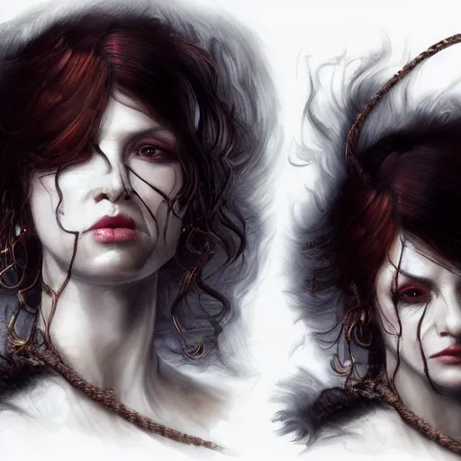 Image similar to portrait of a Shibari rope wrapped face and neck, headshot, insanely nice professional hair style, dramatic hair color, digital painting, of a old 13th century, traveler, amber jewels, baroque, ornate clothing, scifi, realistic, hyperdetailed, chiaroscuro, concept art, art by Franz Hals and Jon Foster and Ayami Kojima and Amano and Karol Bak,