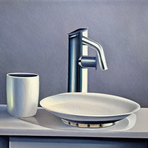 Image similar to a painting of a faucet and soap dispenser, an airbrush painting by janet fish and ( ( ( howard arkley ) ) ), trending on artstation, photorealism, hyper realism, oil on canvas, detailed painting