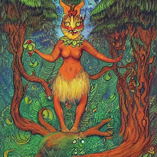 Prompt: a green genie ready to grant wishes deep in the forest, fantasy illustration, Louis wain