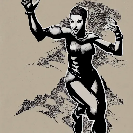 Prompt: highly detailed illustration of amazon woman standing on a cliff face, with a black panther, concept art, pulp art, fine detail, halftone pattern, comic, cinematic, hero pose