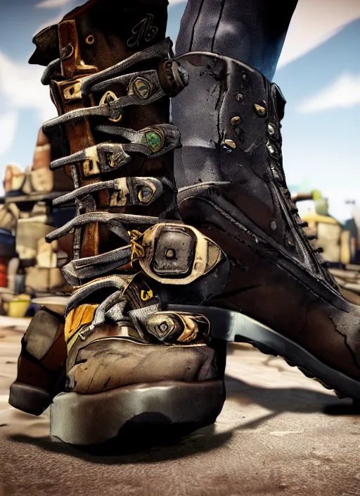 Prompt: a pair of techno boots!! in the borderlands 3 style, close - up, cinematic shot, intricate, ornate