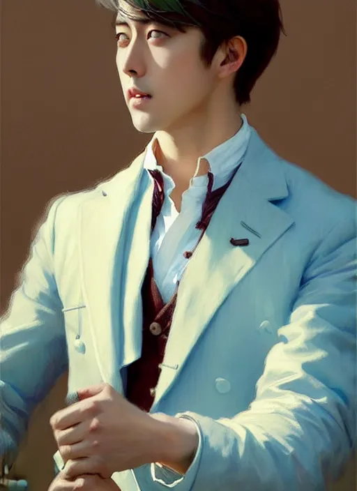 Prompt: harmony of grasslands, handsome seokjin wearing baby blue jacket, white shirt & pants, amazing composition & dynamic posing, by franz xavier leyendecker, wlop! muted colors, highly detailed, fantasy art by craig mullins, thomas kinkade cfg _ scale 9