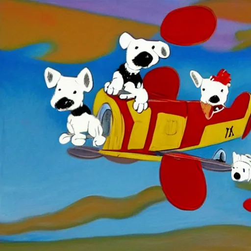 Image similar to 3 toy fox terriers flying a biplane, wearing red scarves flapping in wind, dramatic oil painting, snoopy the dog, style of charlie brown, aperture gradient