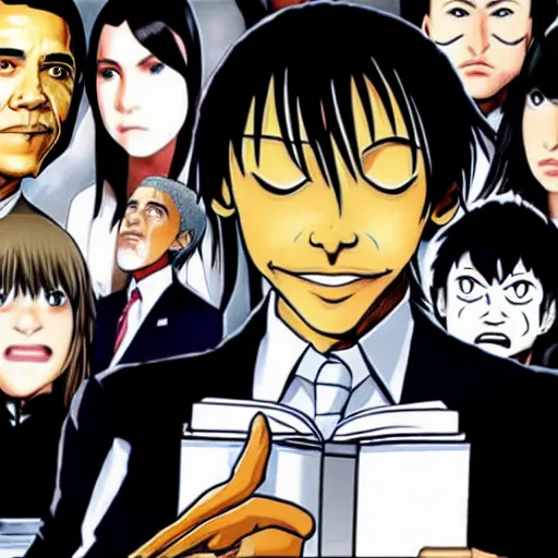 Image similar to obama in death note, anime, holding black notebook