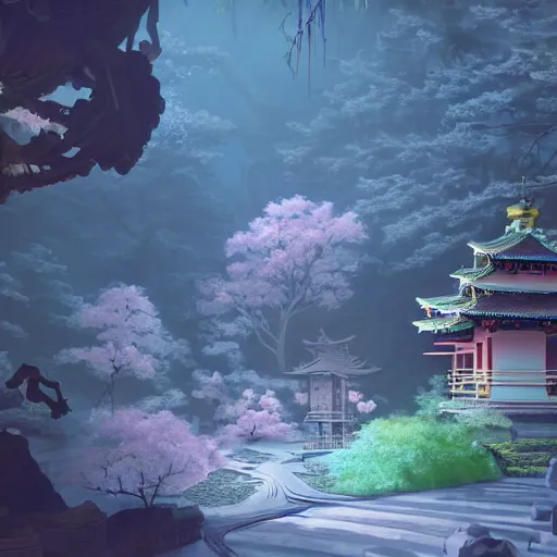 Prompt: 3 d scene of a japanese temple portal modelling goddess close - sakura trees everywhere, woodsman wearing a steampunk and neonpunk mechanical fluorescent mystical animal mask in strange misty mountain landscape. betta fish, jellyfish phoenix, bio luminescent, plasma, ice, water, wind, creature, artwork by tooth wu and wlop and beeple and greg rutkowski